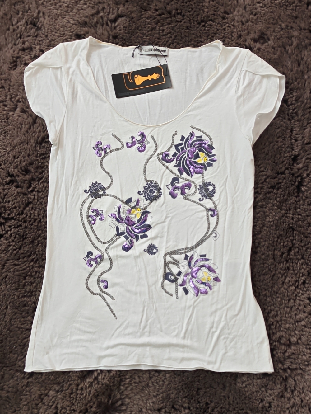 Women's White Floral Scoop Neck Tee with Purple Embellishment